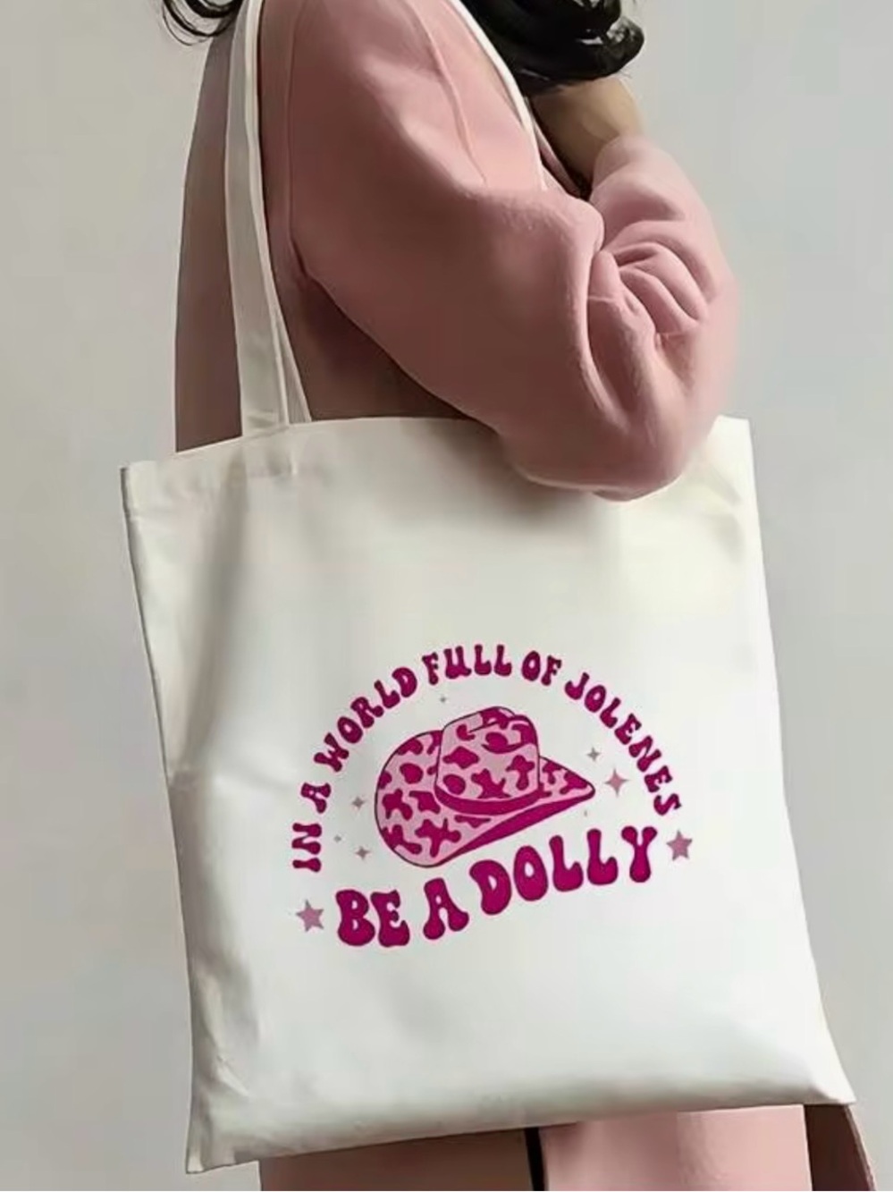 Dolly Parton Tote, Pink "In a World Full of Jolenes, Be a Dolly” & Leopard Hat - Picture 4 of 5